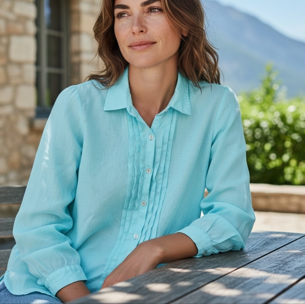 Hanna G Linen Shirt Womens Medium Aqua Blue Pleated Front Coastal Minimalist